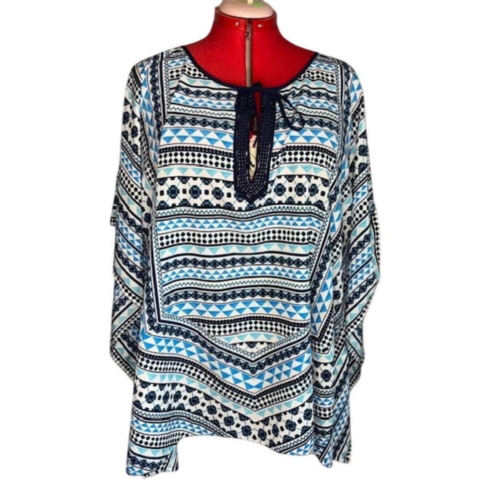 Lane Bryant Blue White Geometric Beaded Tie Caftan Resort Kimono Blouse Sz 18/20